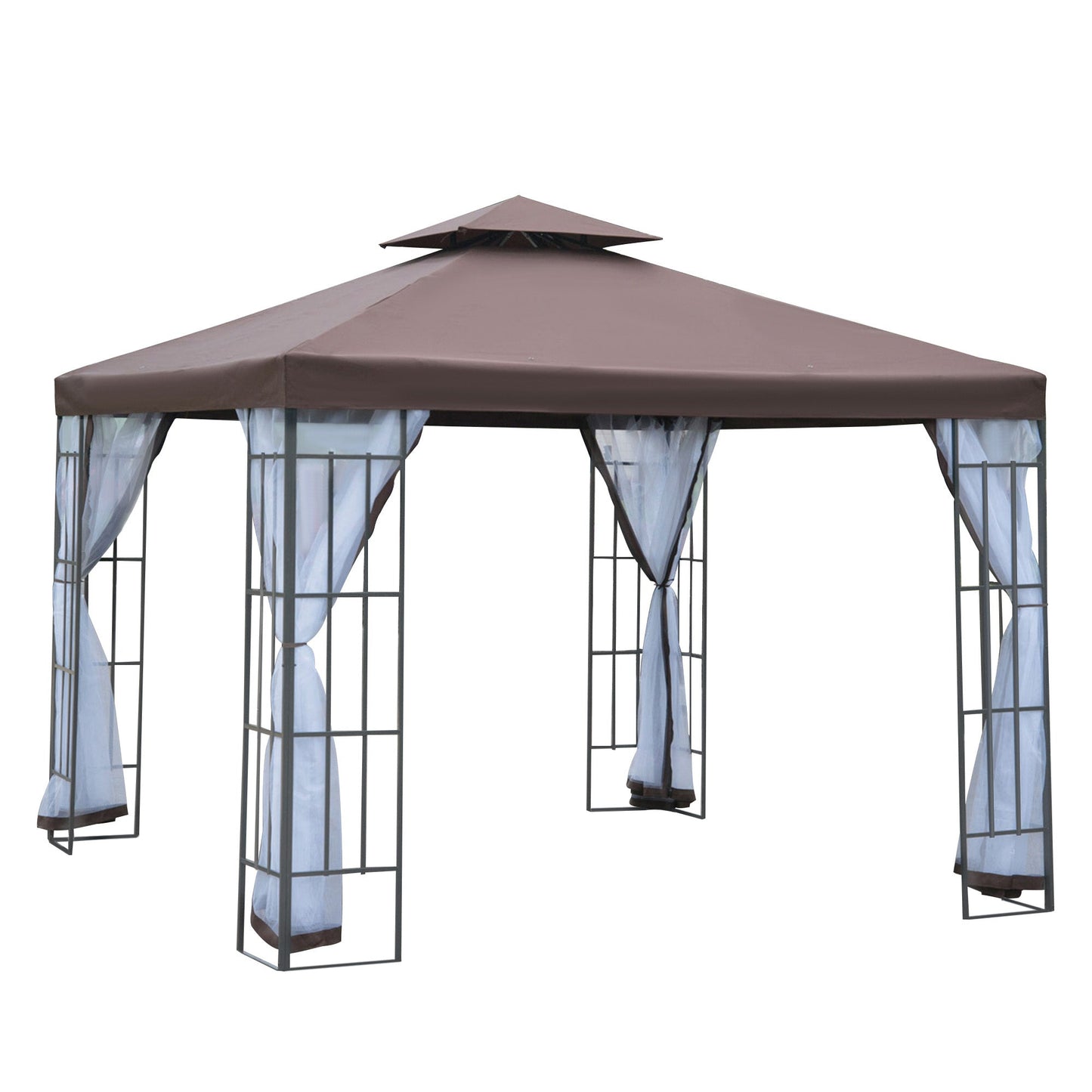 Outsunny 3 x 3(m) Patio Altana Baldachim Pawilon ogrodowy Namiot schronienie z 2-poziomowym dachem i moskitierą, stalowa rama, kolor kawy