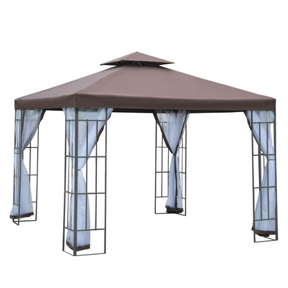 Outsunny 3 x 3(m) Patio Altana Baldachim Pawilon ogrodowy Namiot schronienie z 2-poziomowym dachem i moskitierą, stalowa rama, kolor kawy
