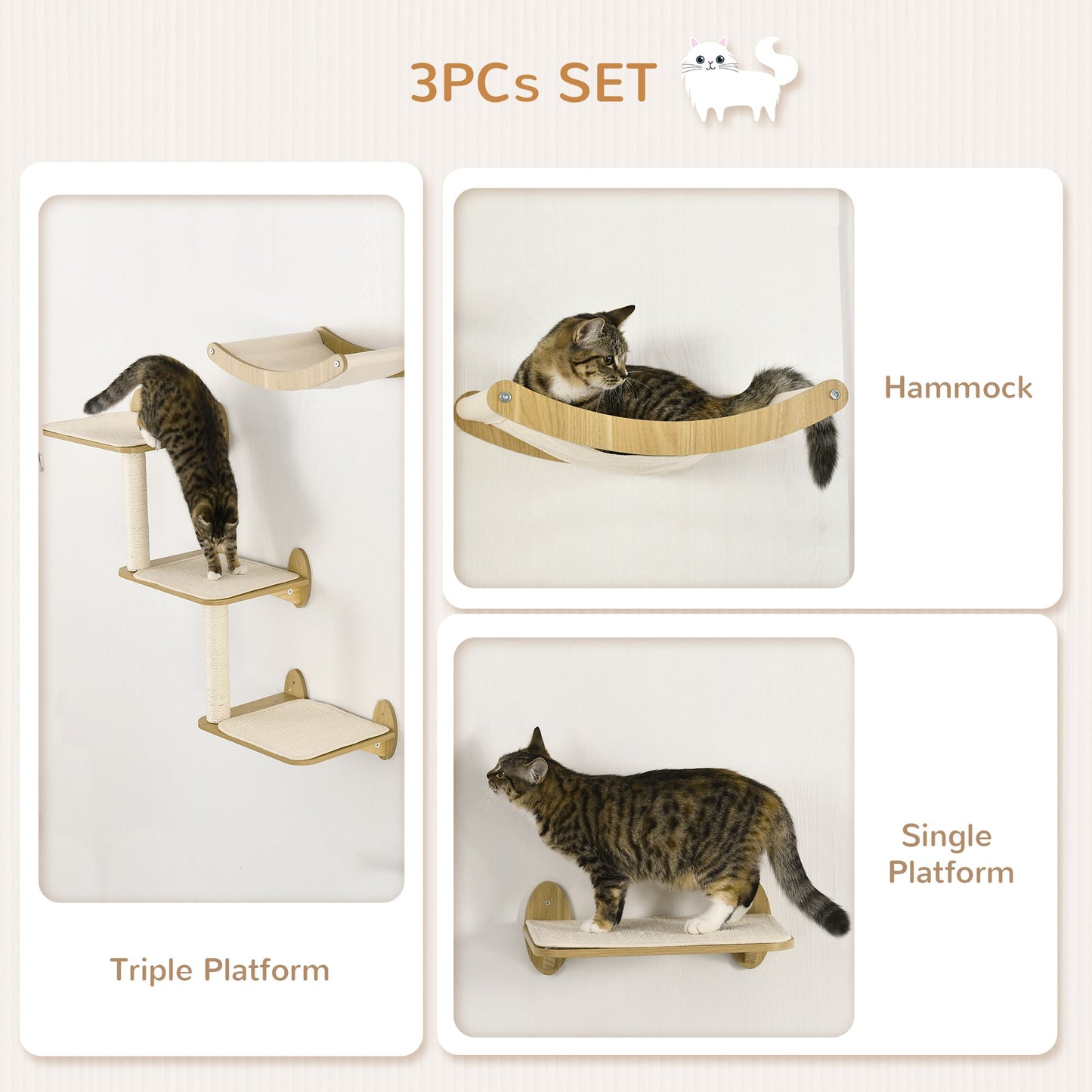 PawHut 3PCs Wall-Mounted Cat Shelves, with Jumping Platforms, Hammock, Scratching Post - Oak Tone