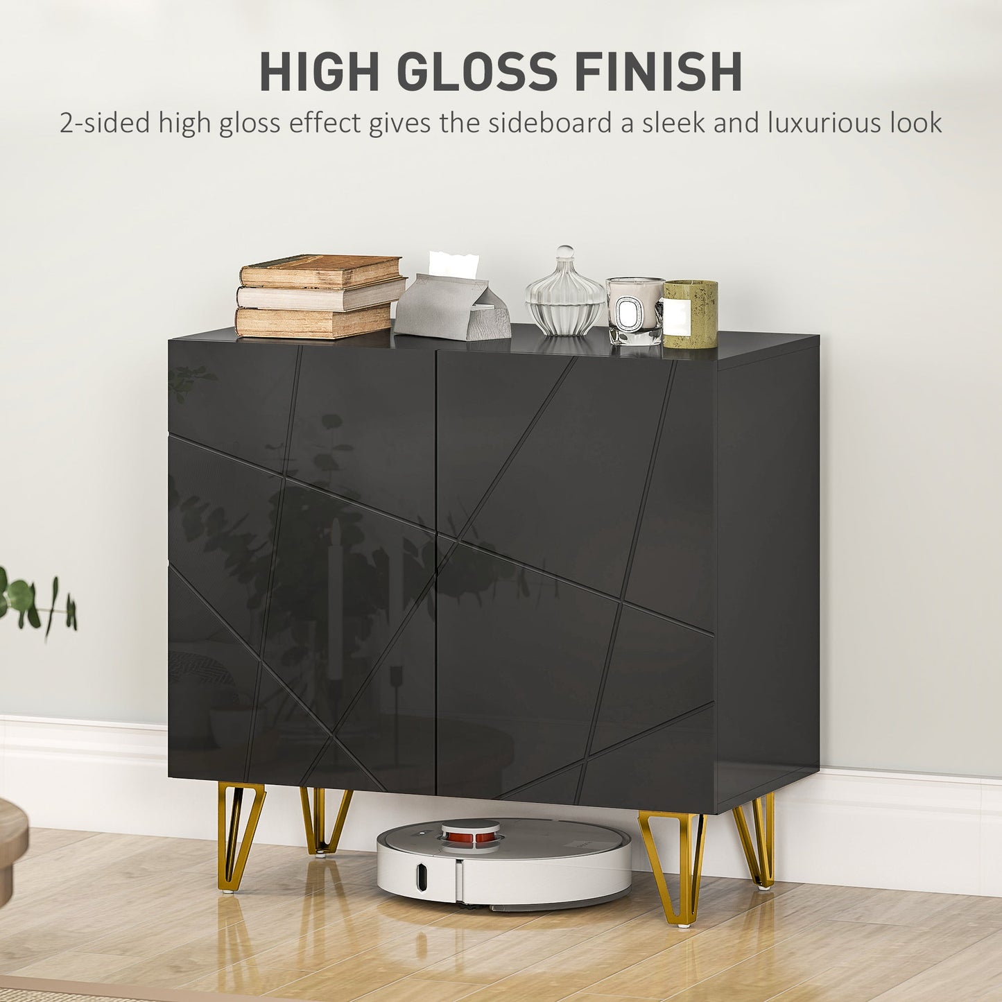 HOMCOM Modern Luxe High Gloss Sideboard, with Hairpin Legs - Black