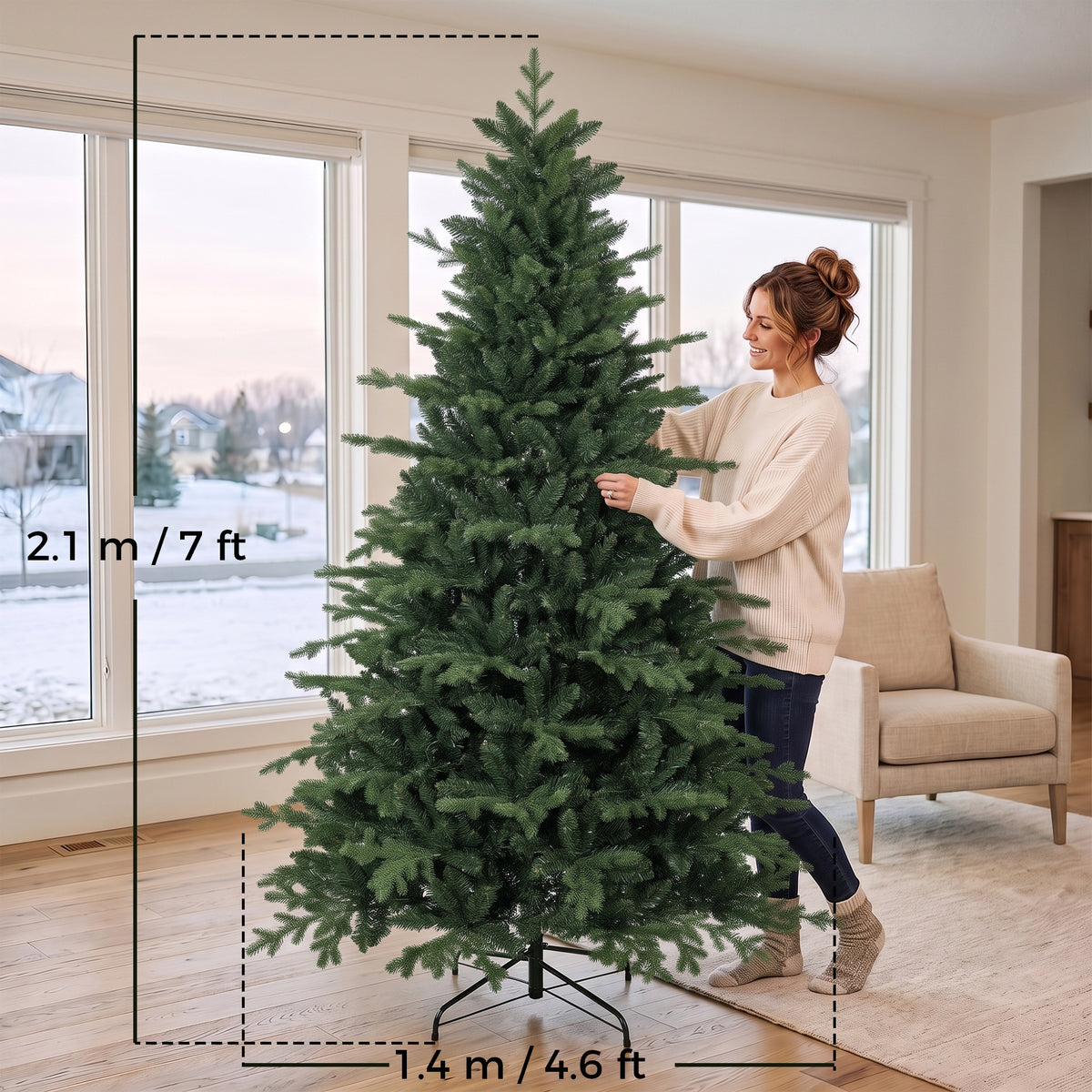 HOMCOM 7ft Artificial Christmas Tree with 2080 Realistic Tips, Hinged Xmas Tree with Wide Shape for Home Office, Green
