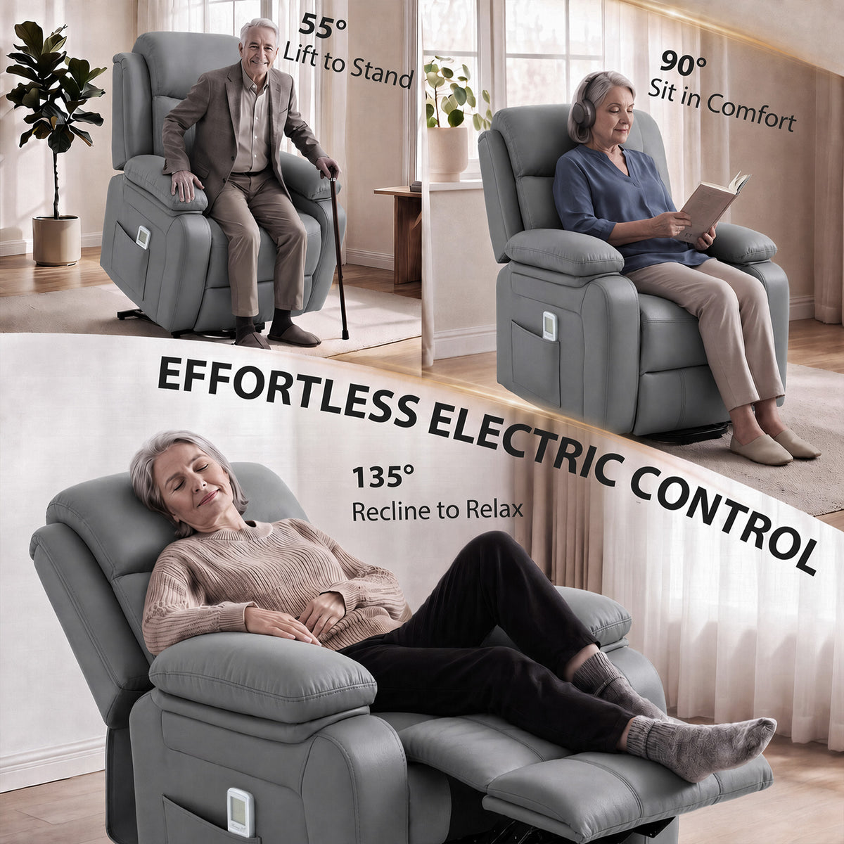 HOMCOM Riser and Recliner Chair with Massage, PU Leather Power Electric Lift Chair for Elderly with High Back, Grey