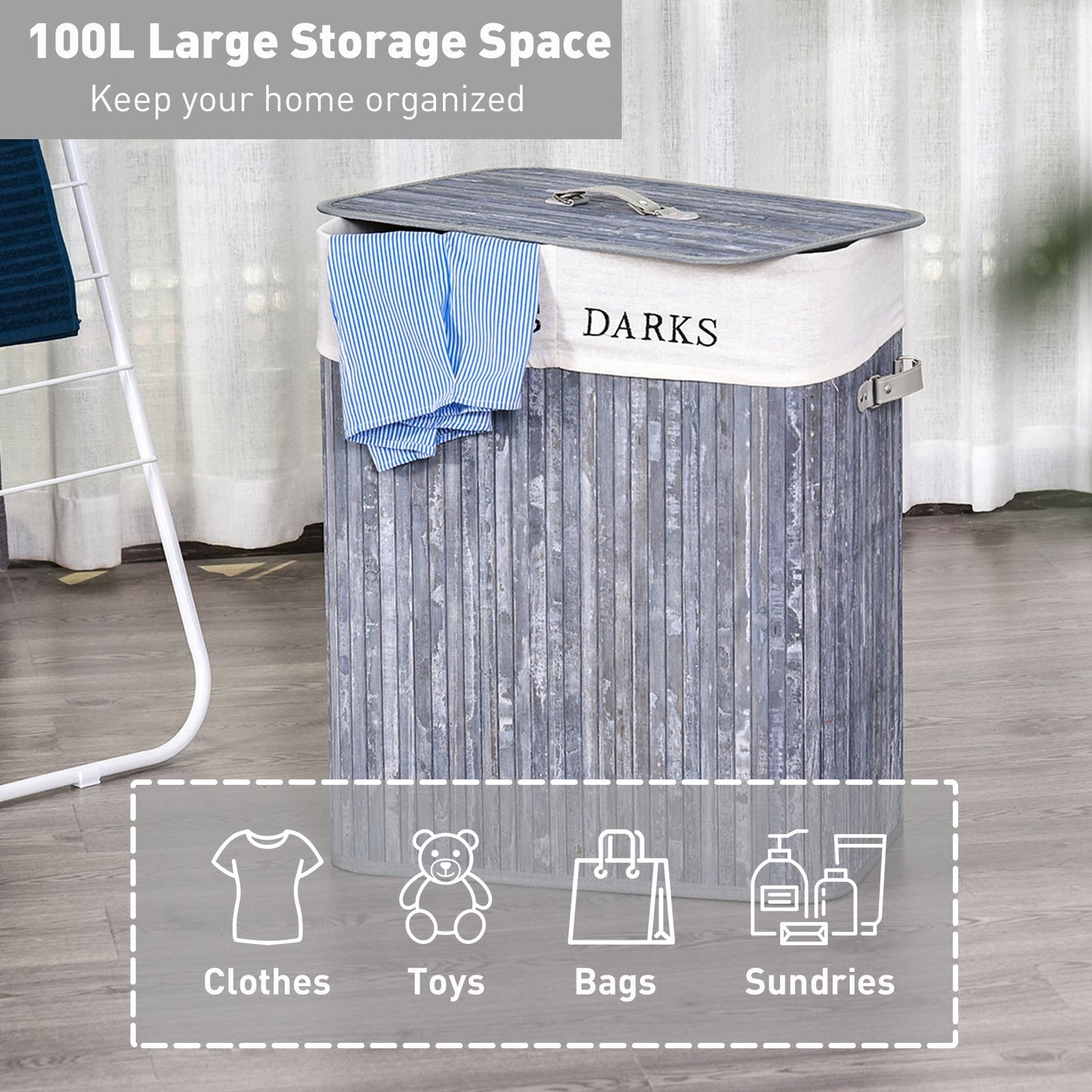 HOMCOM 100L składany naturalny drewniany kosz na pranie organizer na ubrania kosz na pranie pudełko do przechowywania z pokrywką zdejmowana wyściółka 52x32x63cm, szary