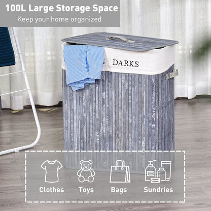 HOMCOM 100L składany naturalny drewniany kosz na pranie organizer na ubrania kosz na pranie pudełko do przechowywania z pokrywką zdejmowana wyściółka 52x32x63cm, szary