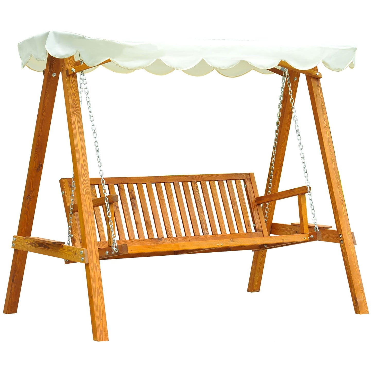 Outsunny 3 Seater Garden Swing Seat with Canopy, Wooden Swing Chair, Outdoor Hammock Bench for Balcony Patio Porch, Cream White