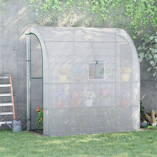 Szklarnia Outsunny Walk-In Lean to Wall z oknami i drzwiami 2 poziomy 4 półki druciane 200L x 100W x 215Hcm biała