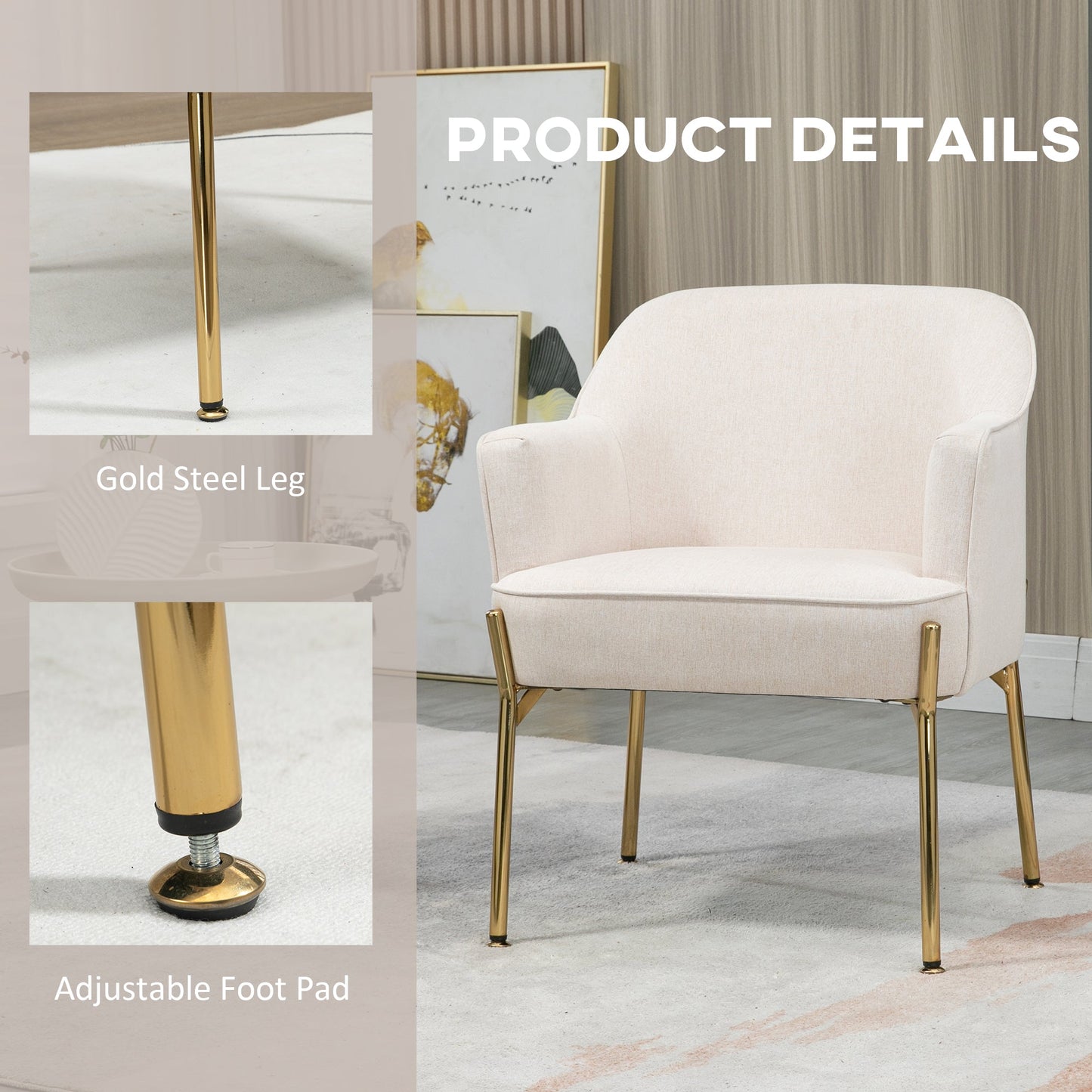 HOMCOM Fabric Accent Chair, nowoczesny fotel z metalowymi nogami do salonu, sypialni, domowego biura, kremowy