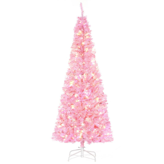 6' Tall Prelit Pencil Slim Artificial Christmas Tree with Realistic Branches, 300 Warm White LED Lights and 618 Tips, Xmas Decoration, Pink