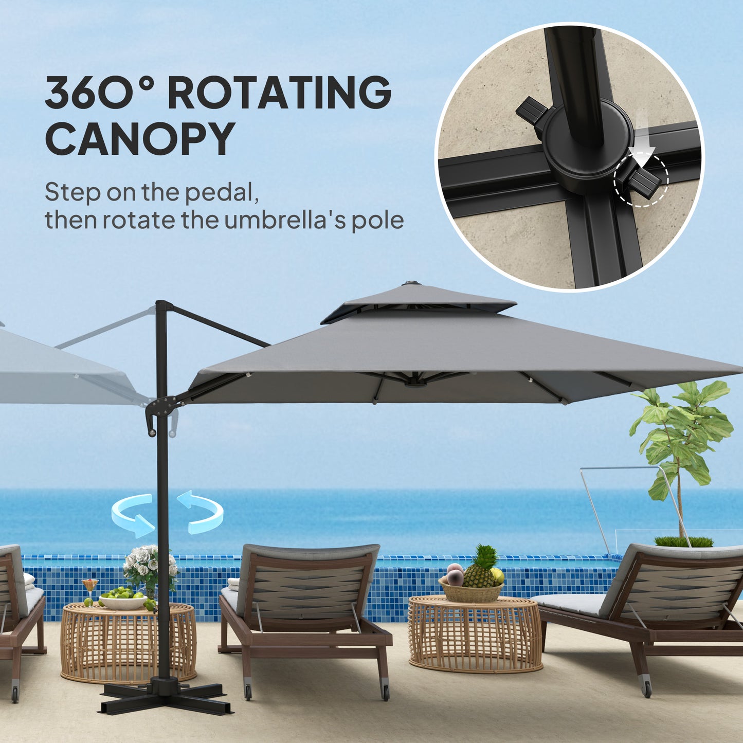 Outsunny 3 x 3(m) Cantilever Parasol with Aluminium Frame, Crank and Tilt, 360√Ç¬∞ Rotation, Double Top Garden Umbrella with Base and Cover, Light Grey