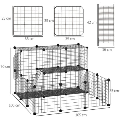 PawHut Pet Playpen، سياج قفص الحيوانات الصغيرة DIY، بيت قفص مكون من طابقين قابل للتخصيص، للأرنب شينشيلا القنفذ خنزير غينيا، بيت أسود