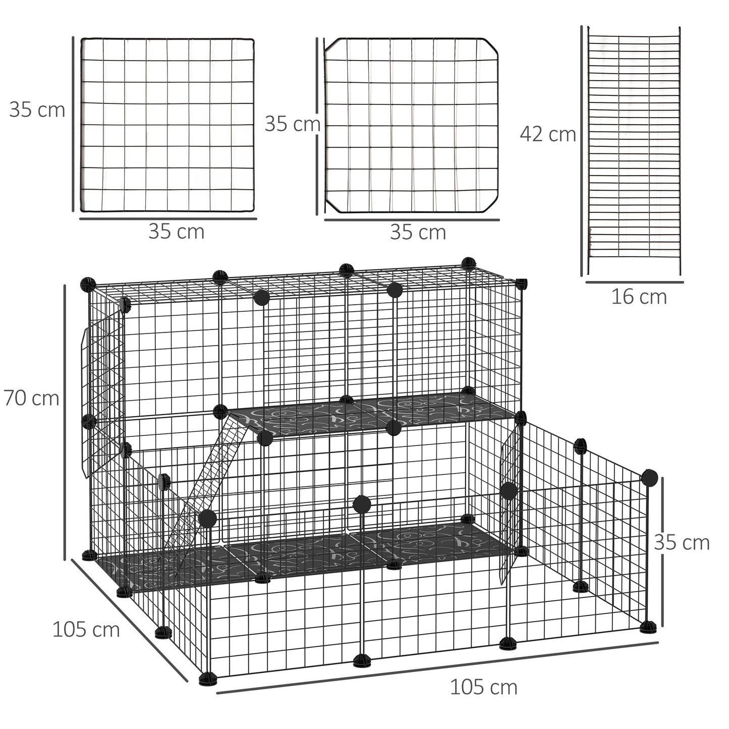 PawHut Pet Playpen, DIY Small Animal Cage Fence, Customizable Two-Storey Crate Kennel, for Rabbit Chinchilla Hedgehog Guinea Pig, Black Kennel