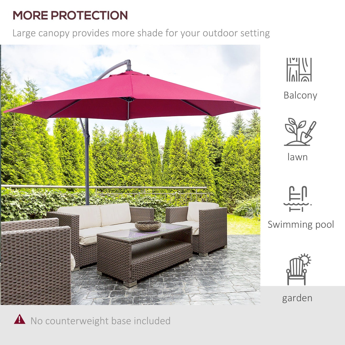 Outsunny 3(m) Garden Banana Parasol Hanging Cantilever Umbrella with Crank Handle and Cross Base for Outdoor, Sun Shade, Wine Red