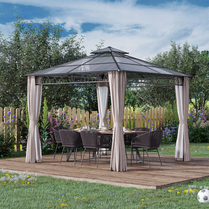 Outsunny 3 x 3 (m) Outdoor Polycarbonate Gazebo, Double Roof Hard Top Gazebo with Galvanised Steel Frame, Nettings & Curtains for Garden, Lawn, Patio and Deck