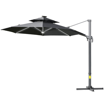 Outsunny 3m Cantilever Parasol w/ Solar Lights Power Bank Cross Base مظلة قابلة للتعديل 360 درجة تدور في الهواء الطلق مظلة حديقة 2-Tier Roof Sun Shade Gray