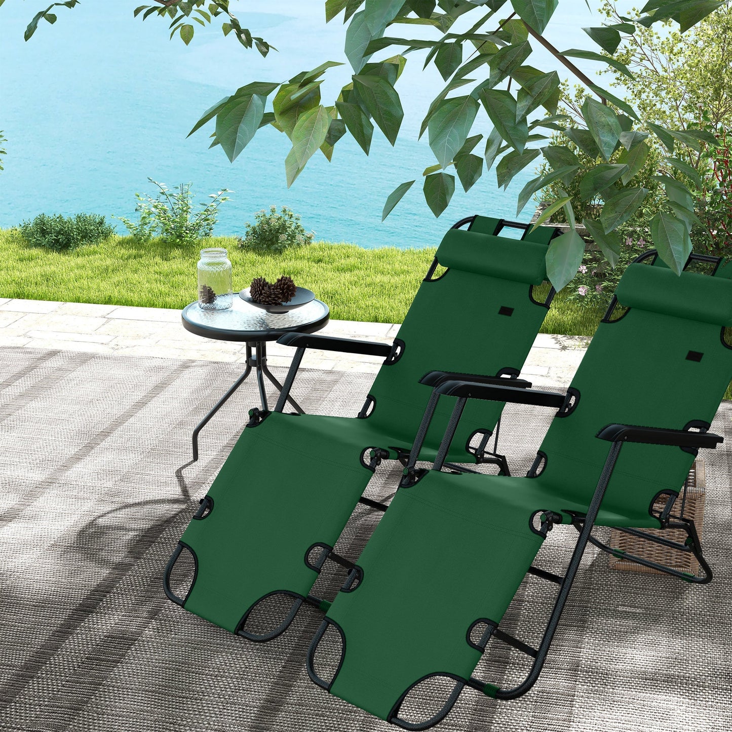 Outsunny 2 Pack 2 in 1 Sun Lounger Folding Reclining Chairs Garden Outdoor Camping Adjustable Back with Pillow, Green