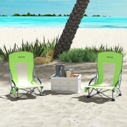 Outsunny Set of 2 Folding Beach Chair, Low Camping Chair with Mesh Back, Carry Bag and Cup Holder for Garden Outdoor Picnic Festival Travel, Green