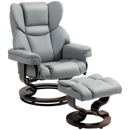 HOMCOM 360  Swivel Recliner Chair with Footstool, PU Leather Manual Recliner Armchair with Footstool, Solid Wood Base, Upholstered Reclining Chair for Living Room, Bedroom, Office, Light Grey