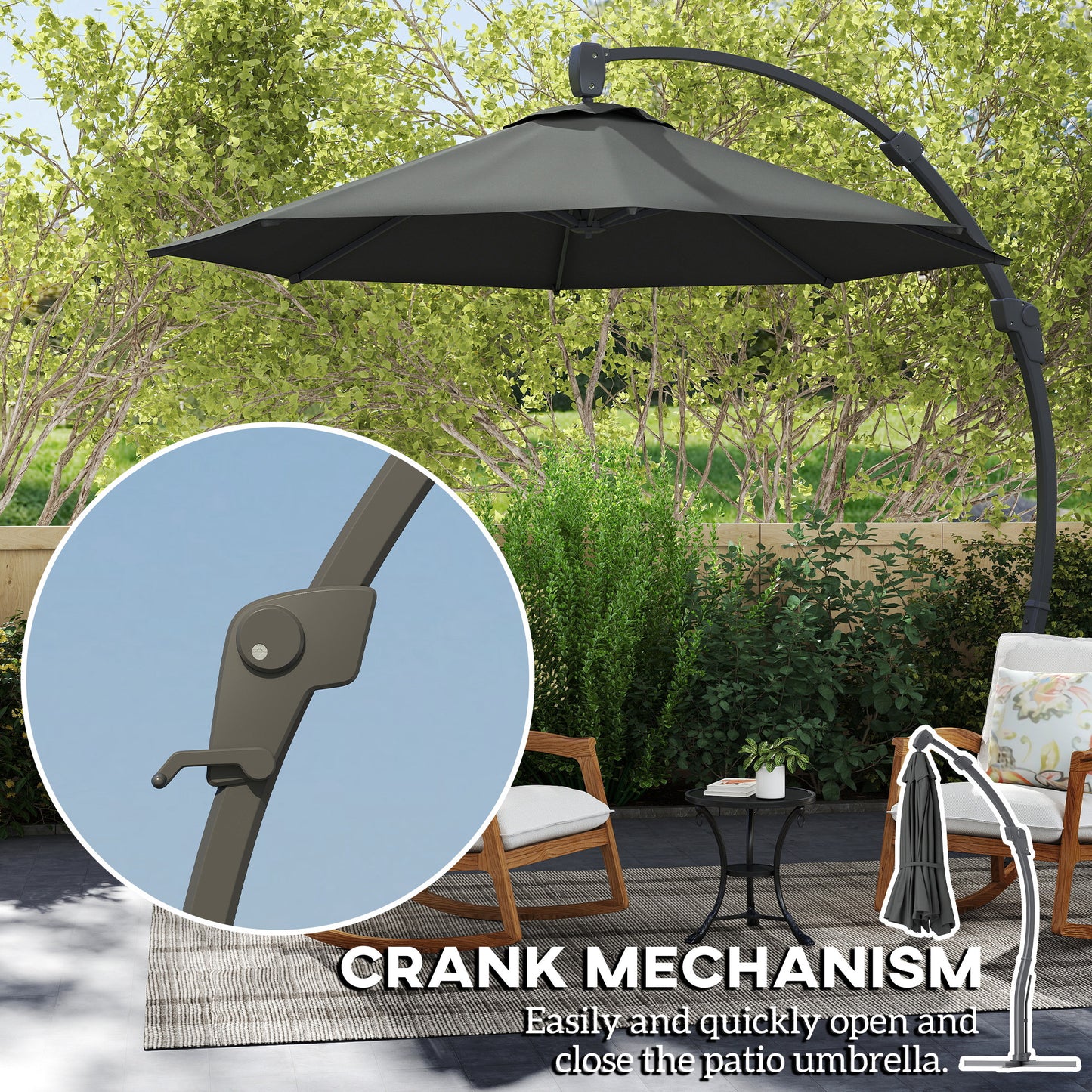 Outsunny 3(m) Garden Cantilever Parasol, Round Overhanging Umbrella with Crank Handle, Cross Base, Aluminium Frame and 360√Ç¬∞ Rotation, Banana Patio Umbrella for Outdoor Sun Shade, Grey