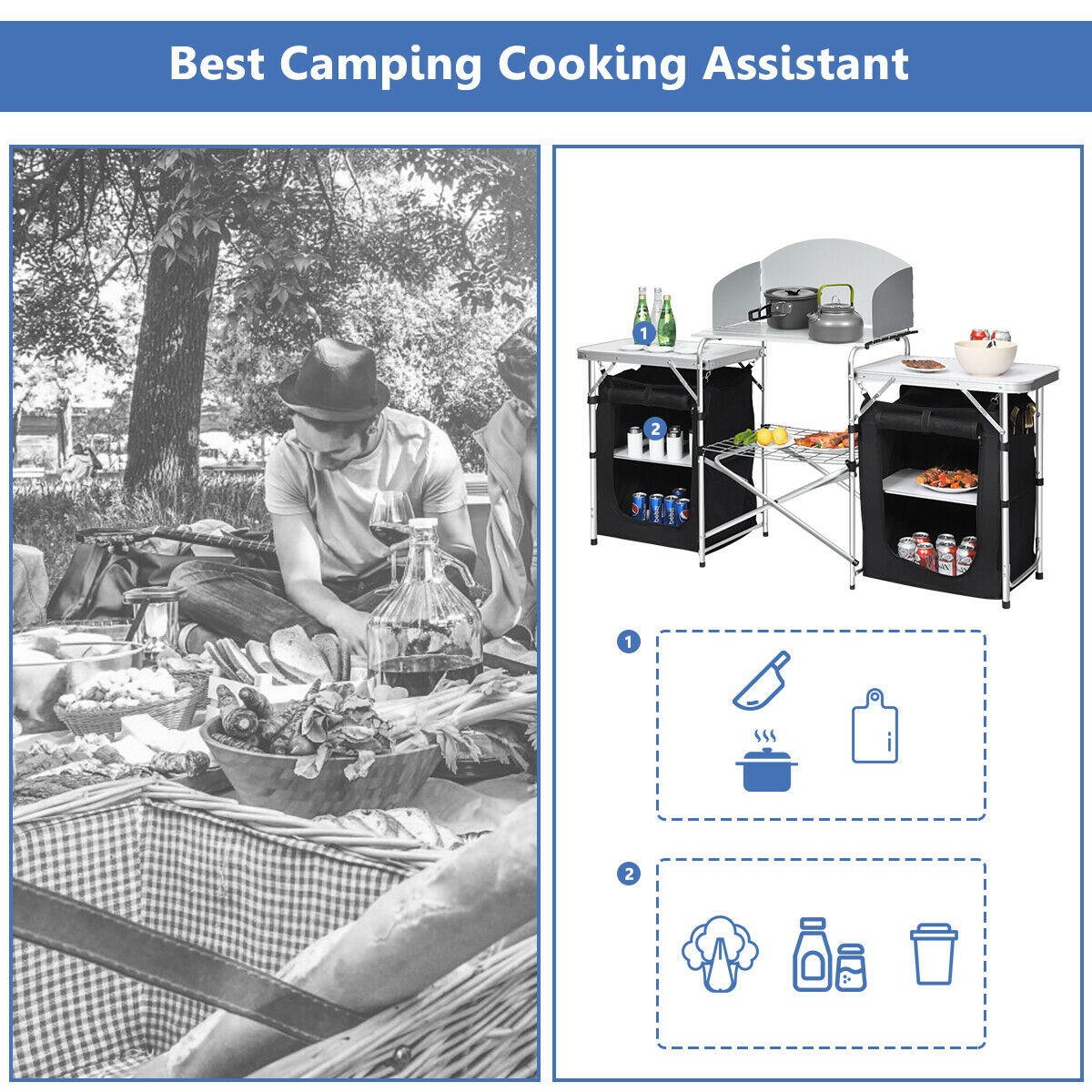 2 in 1 Folding Aluminium Table with Windshield-Black