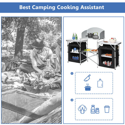 2 in 1 Folding Aluminium Table with Windshield-Black