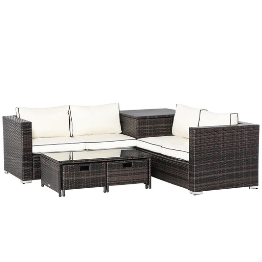 Outsunny 4 Pcs Rattan Wicker Garden Furniture Patio Sofa Storage & Table Set w/ 2 Drawers Coffee Table,Great Cushioned 4 Seats Corner Sofa - Brown