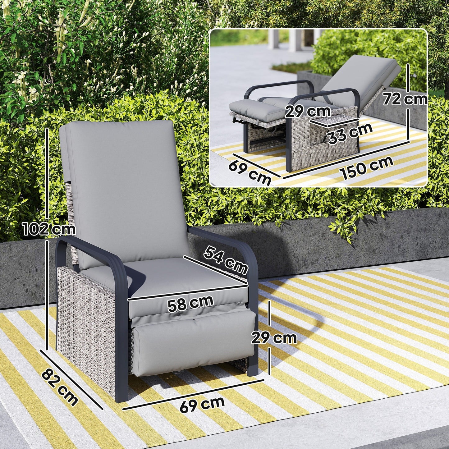 Outsunny 140 Reclining Rattan Armchair - Mixed Grey