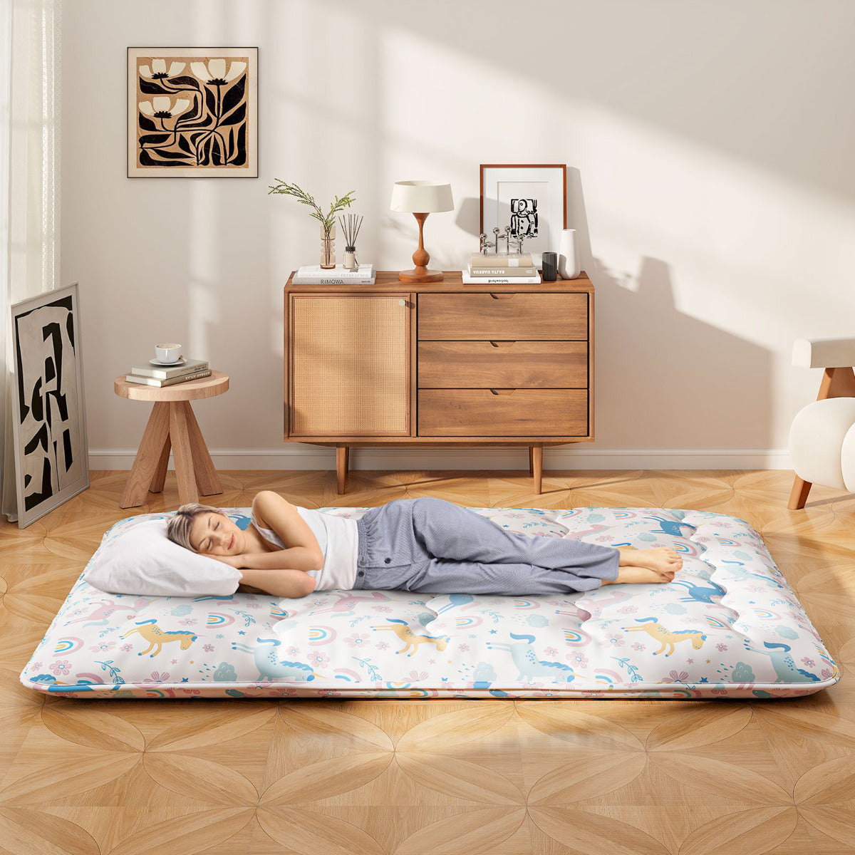 Japanese Floor Mattress with Washable Cover and Carry Bag-Rainbow-Compact Double