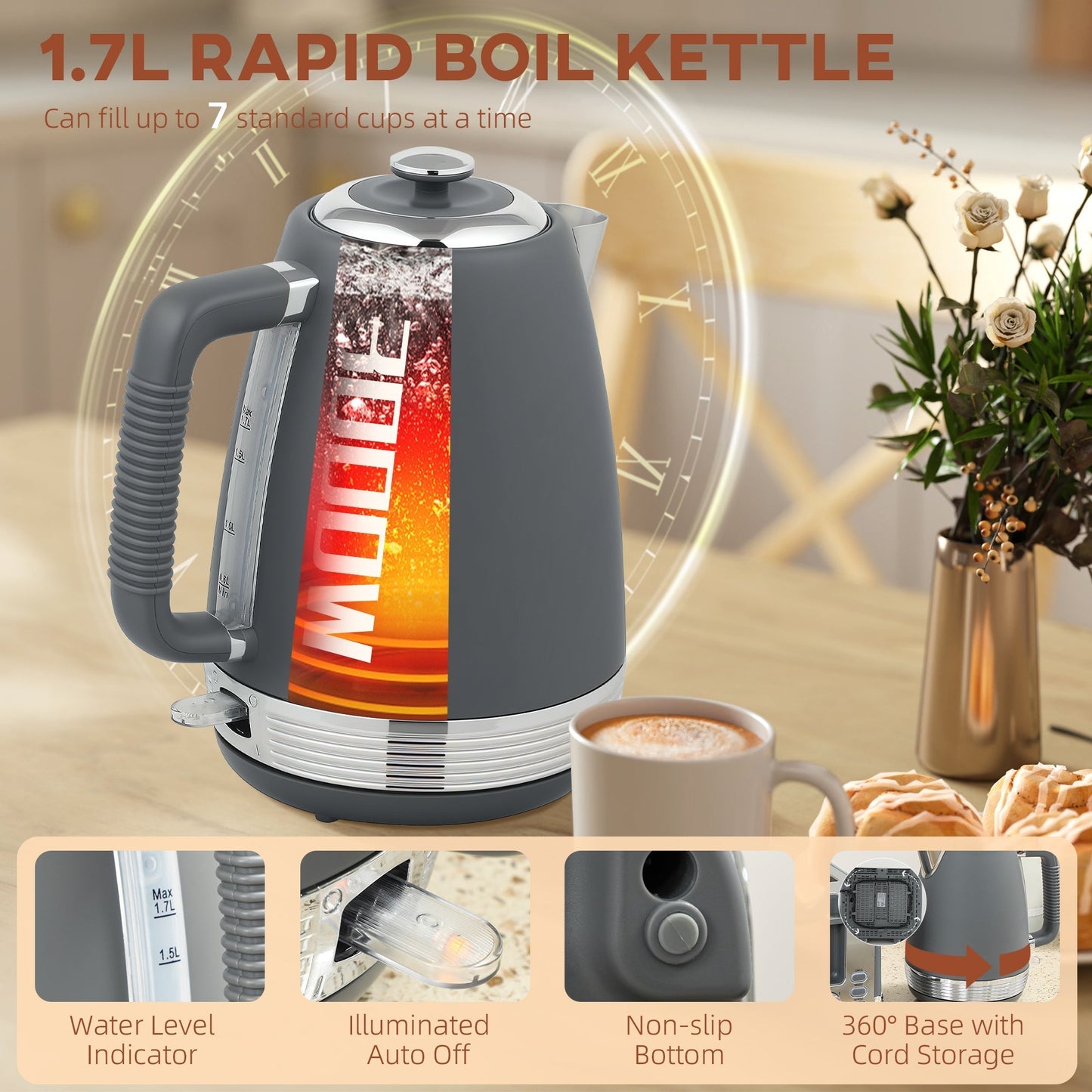HOMCOM Stainless Steel Kettle and Toaster Set, 1.7L 3000W Rapid Boil Jug Kettle with UK Strix Thermostat, Limescale Filter, 4 Slice Toaster with 7 Browning Controls, Crumb Tray, Grey and Silver Tone