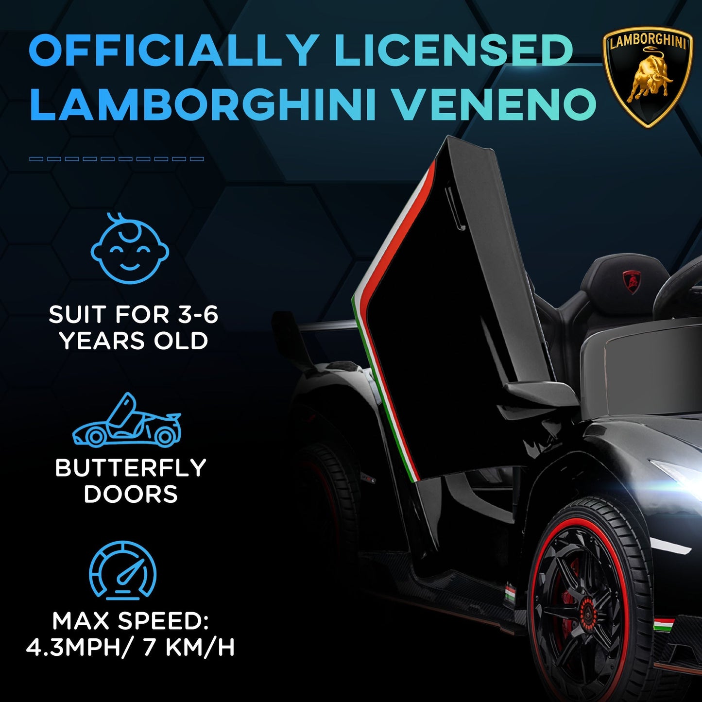 12 Volt Lamborghini Veneno Licensed Kids Electric Ride on Car With Portable Battery, Powered Electric Car w/ Bluetooth, Remote, for Aged 3-6, Black