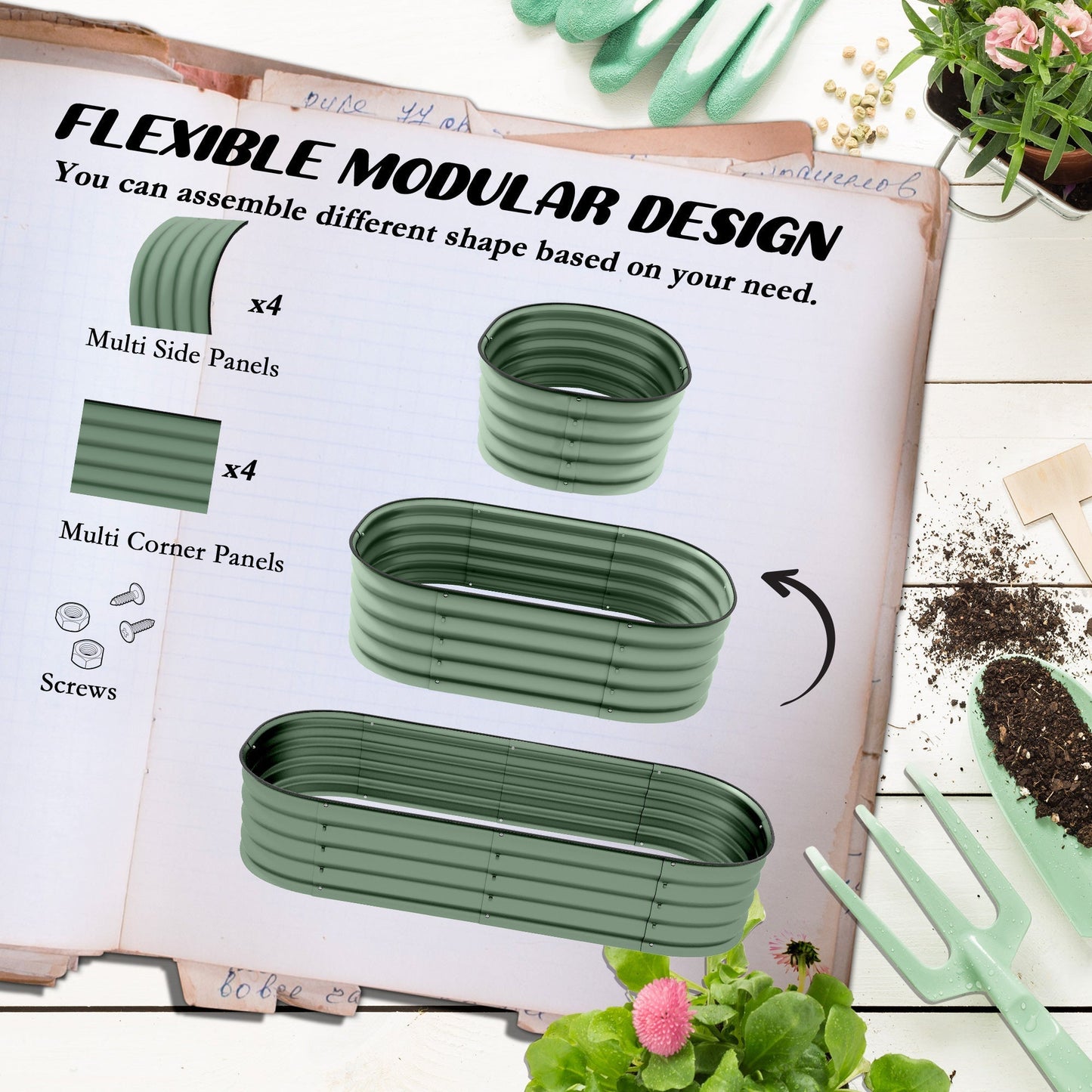 Outsunny Galvanised Raised Garden Bed, Metal Planter Box with Safety Edging, for Flowers, Herbs, Succulents, Pack of 2, Green