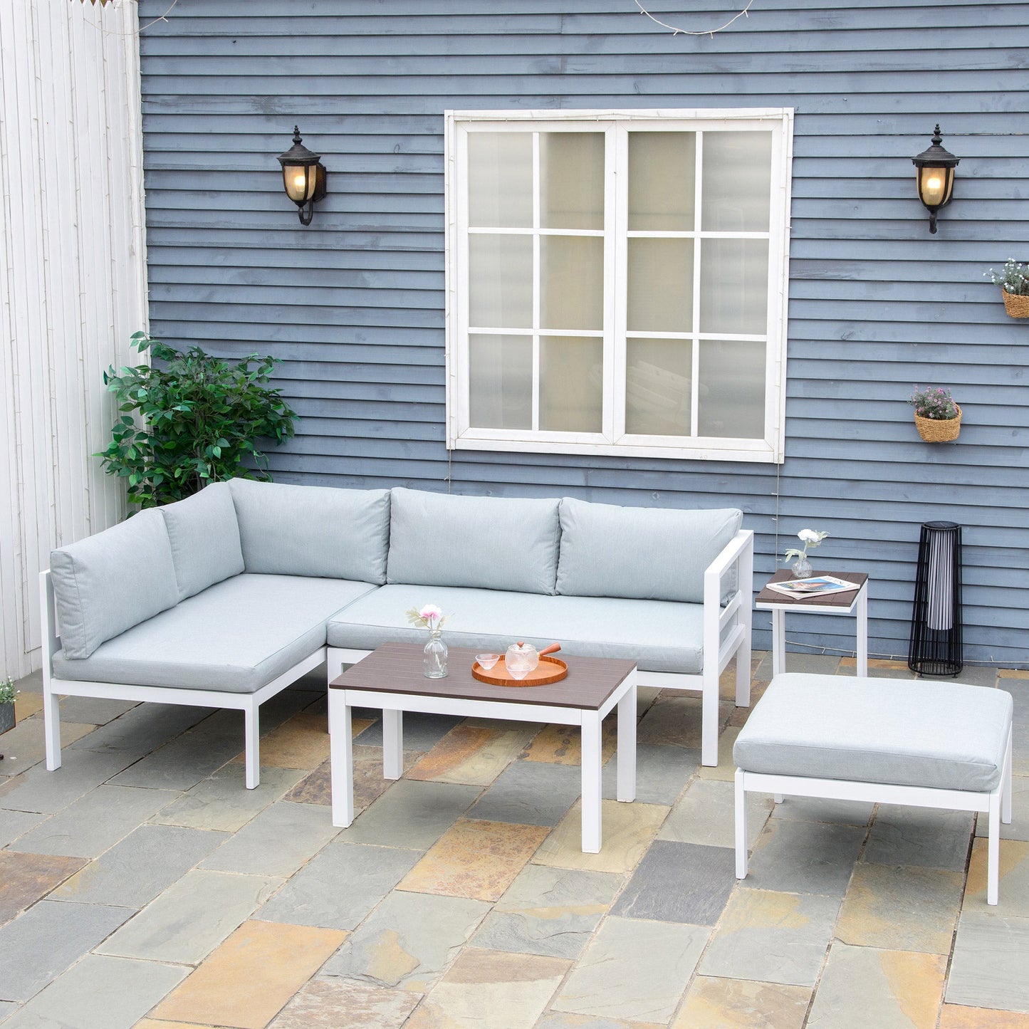 Outsunny 5-Piece L-shaped Garden Furniture Set, Aluminium Conversation Set, Corner Sofa Set with Coffee Table End Table Cushions, White Frame