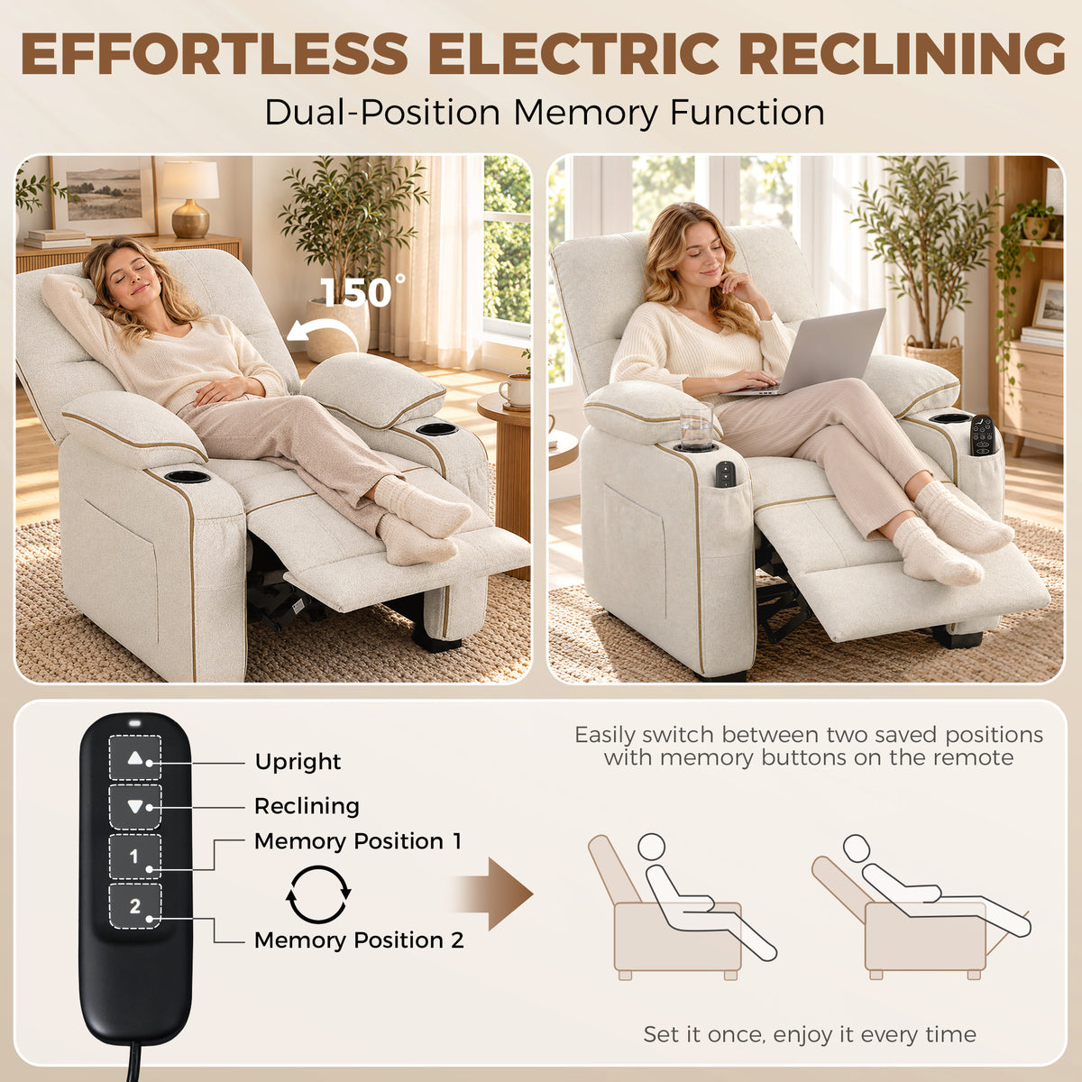 HOMCOM Electric Massage Recliner Armchair with Vibration, Heat, Whisper-Quiet Motor, Memory Function, Spring Pack, Beige