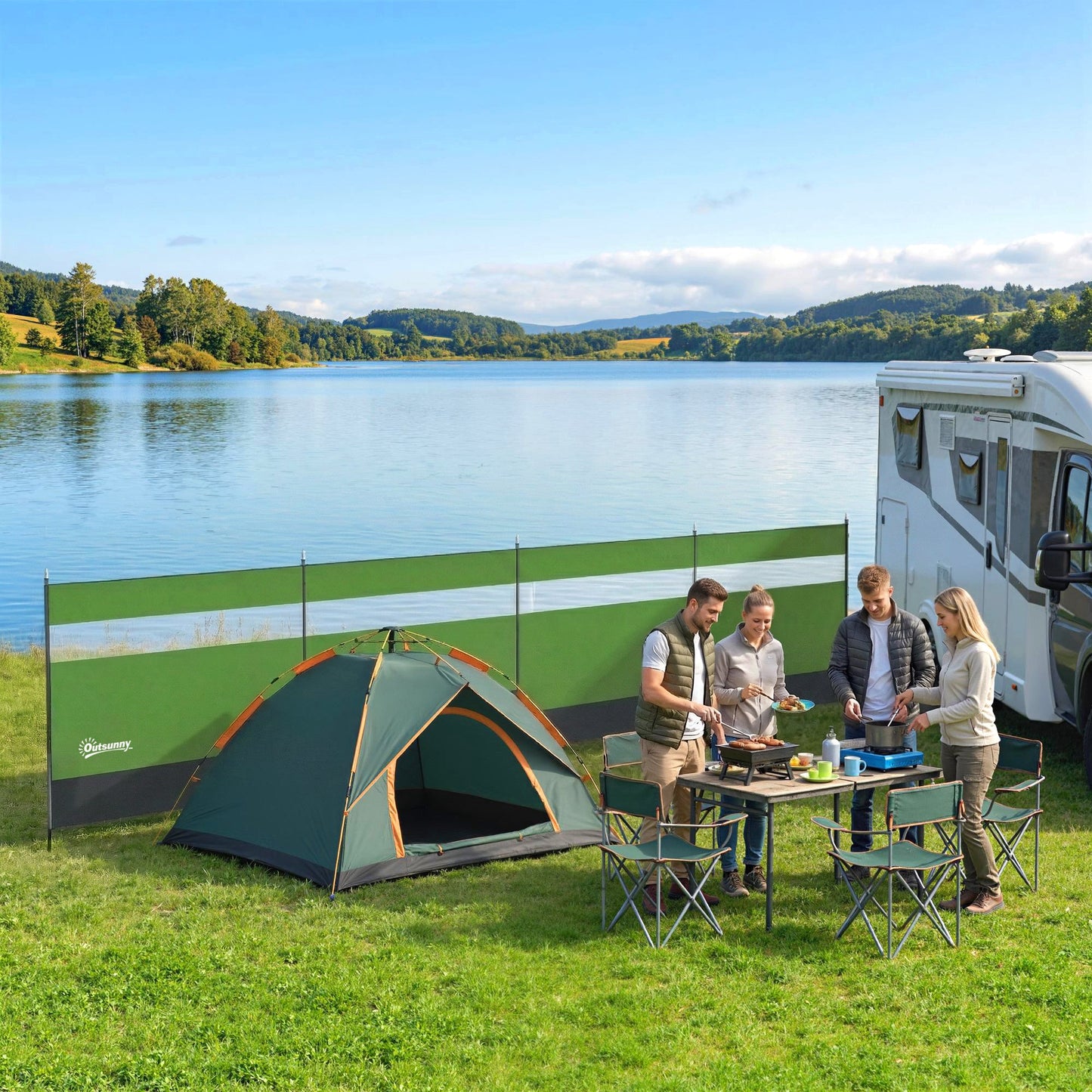 Outsunny Camping Windbreaker with Clear Windows and Steel Poles, for Beach Caravan Campervan, 725 x 140cm, Army Green