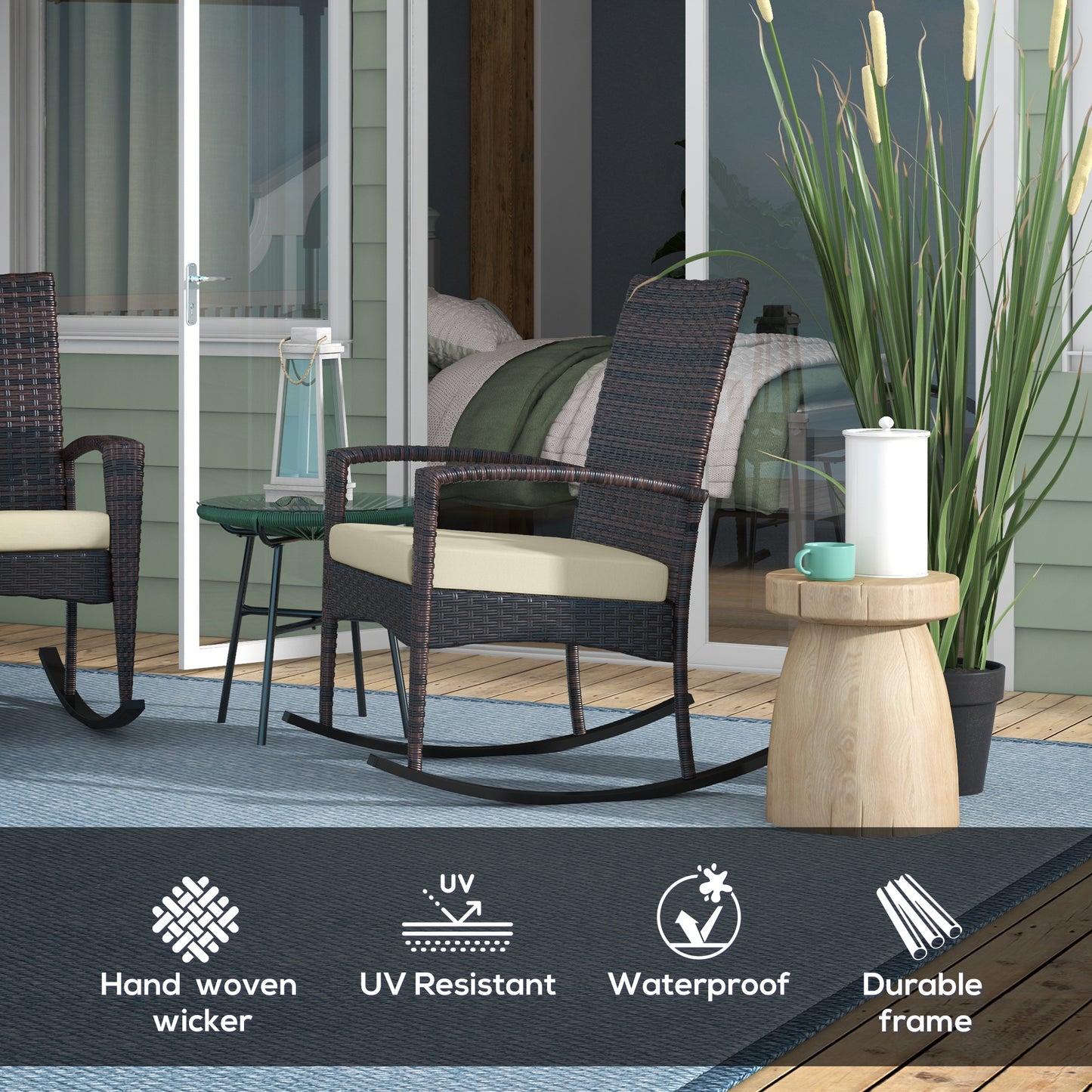 Zestaw 2 bujanych krzeseł ogrodowych Outsunny Outdoor PE Rattan z podłokietnikiem i poduszką, brązowy
