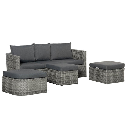 Outsunny 3 Piece Rattan Garden Furniture Set with Cushions, Patio Wicker Conversation Double Chaise Lounge Furniture Set with Convertible Middle Table, Mixed Grey