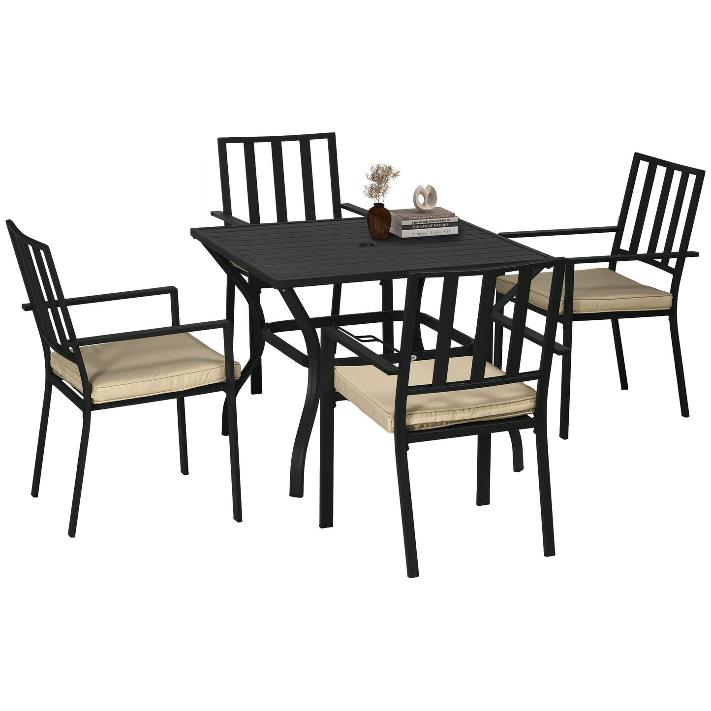 Outsunny 5 Pieces Garden Dining Set with Cushions, Outdoor Patio Table and 4 Stackable Chairs, Metal Top Table with Umbrella Hole, Black