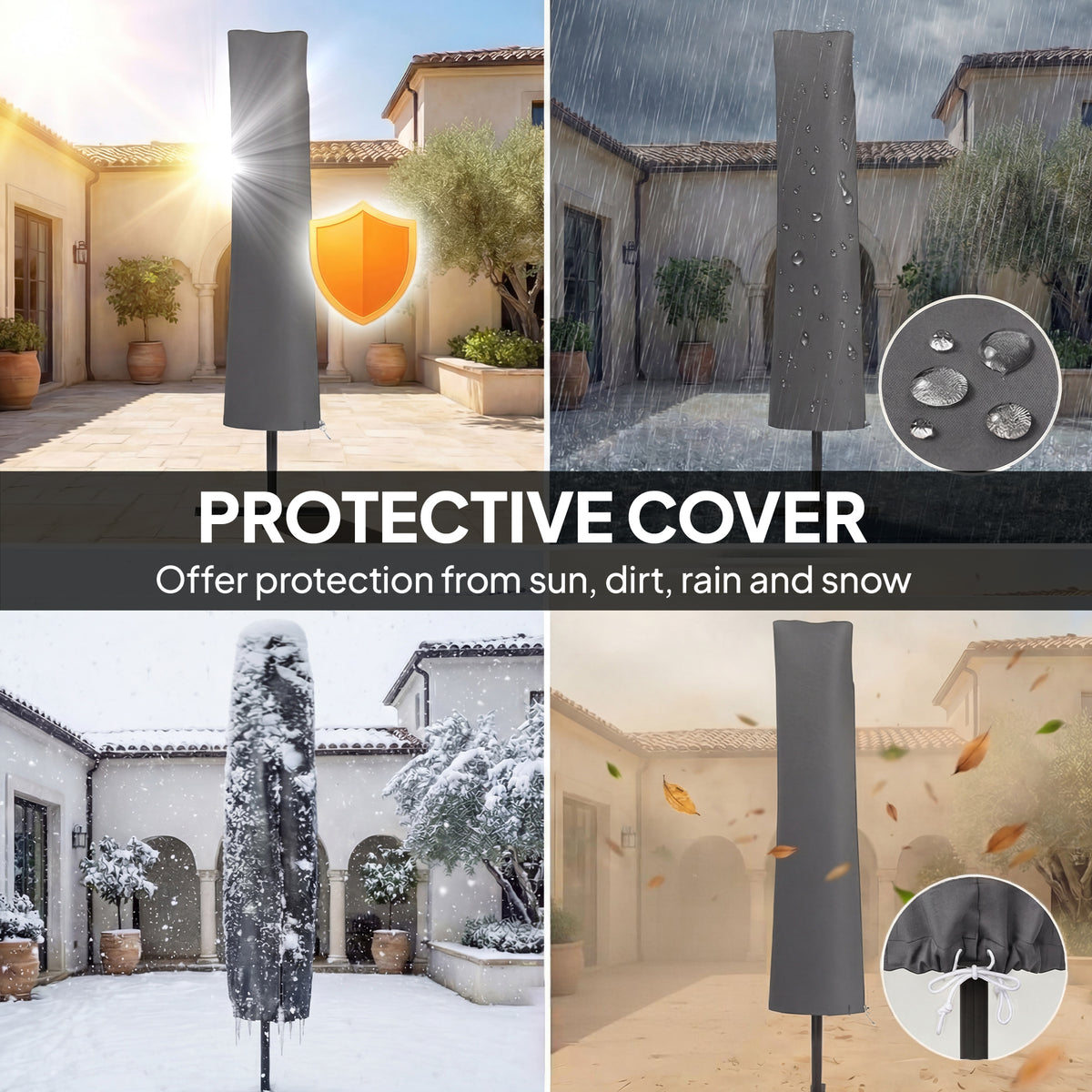 Outsunny 3 x 3 m Garden Cantilever Parasol w/ Light, Cover, UPF50+ Patio Umbrella w/ Wind Protection, 360° Rotation, Dark Grey
