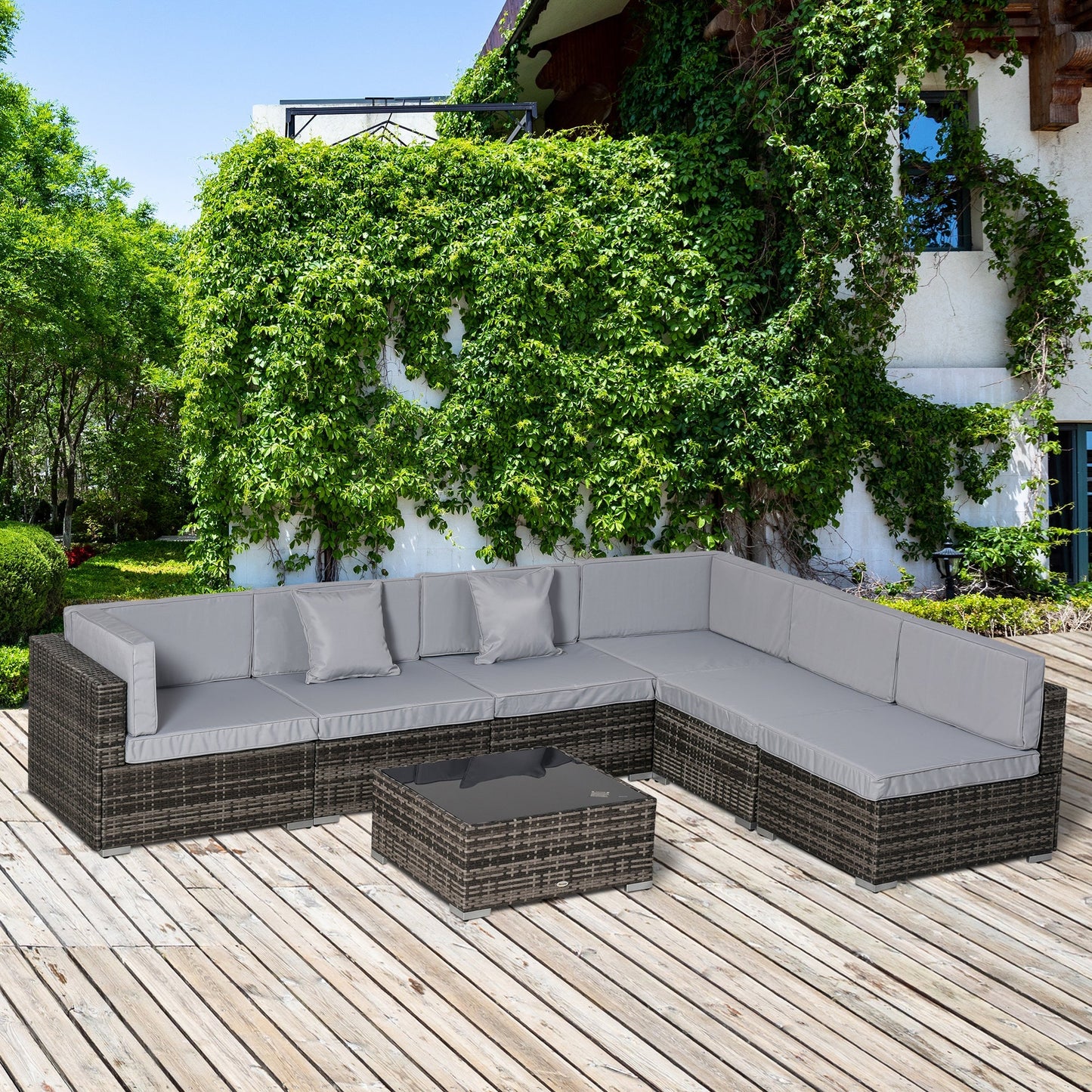 Outsunny 7 Piece Garden Rattan Furniture Set Patio Outdoor Sectional Wicker Weave Sofa Seat Coffee Table w/ Cushion and Pillow Buckle Structure