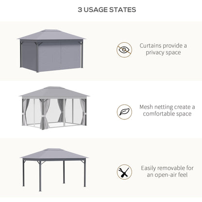 Outsunny 4 x 3(m) Patio Gazebo Canopy Garden Tent Shelter with Vented Roof, Mosquito Netting and Curtains, Aluminium Frame, Grey