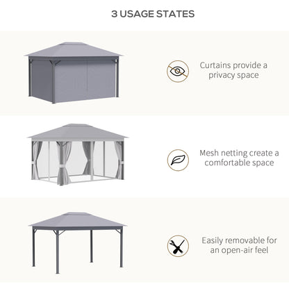 مأوى خيمة Outsunny مقاس 4 × 3 (م) للحديقة ومظلة للفناء مع سقف مزود بفتحات تهوية وناموسية وستائر، وإطار من الألومنيوم، باللون الرمادي