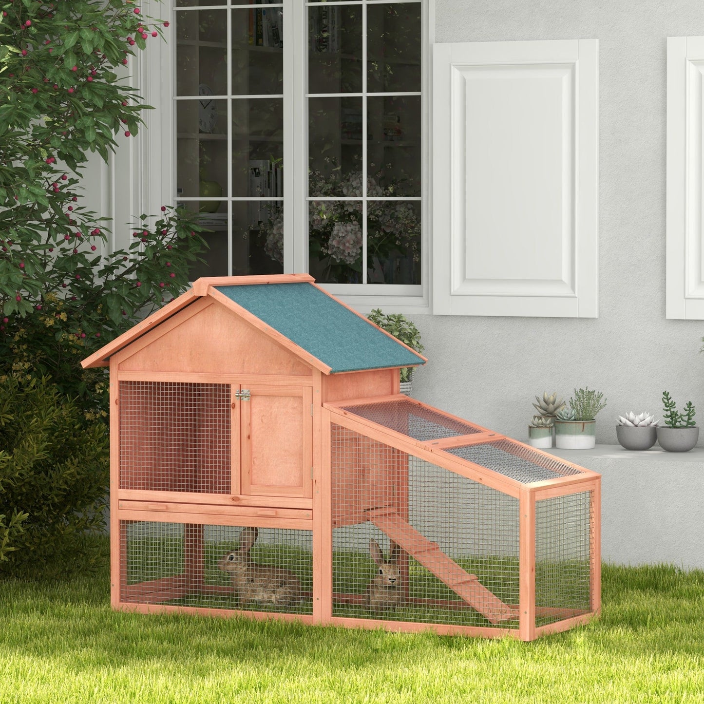 PawHut 2 Tier Rabbit Hutch Outdoor Water Resistant Asphalt Roof Ramp Sliding Tray 144 x 64.5 x 100 cm - Natural wood