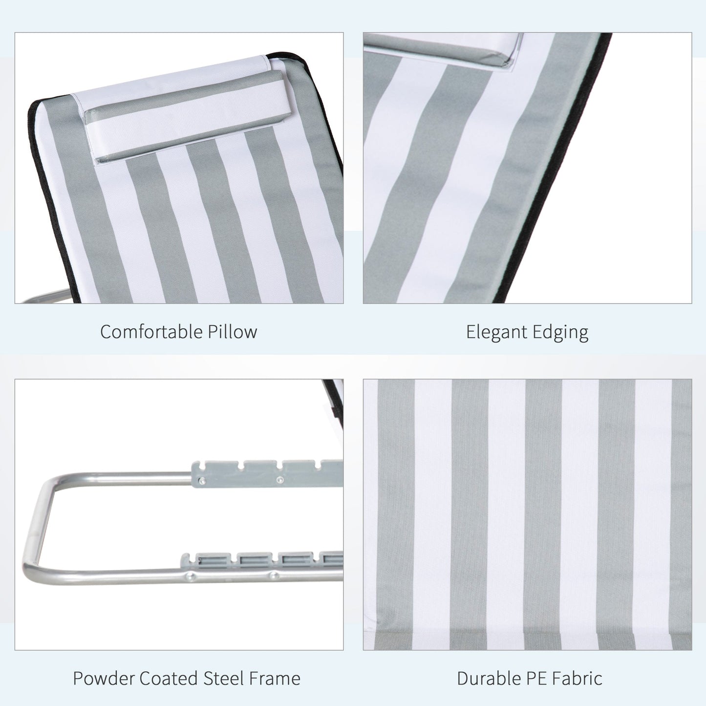 مجموعة Outsunny مكونة من 2 كرسي شاطئ قابل للطي للحديقة وخفيف الوزن ومقاعد للاستلقاء تحت أشعة الشمس في الهواء الطلق وإطار معدني خلفي قابل للتعديل ووسادة رأس من قماش البولي إيثيلين، رمادي فاتح