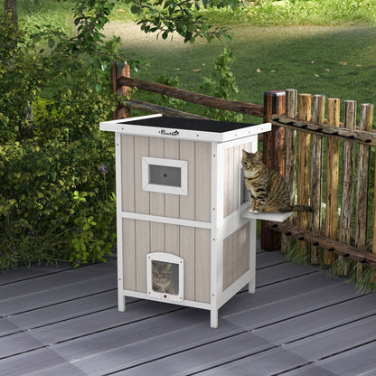 PawHut Outdoor 2 Tiers Wooden Cat Shelter w/ Removable Bottom, Escape Doors, Asphalt Roof, for 1-2 Cats - Light Grey