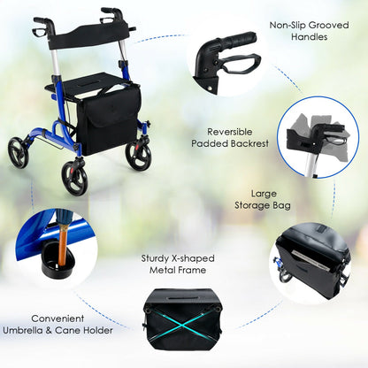 2 in 1 Walker Aluminium Mobility Walking Aid with Seat Adjustable-Blue
