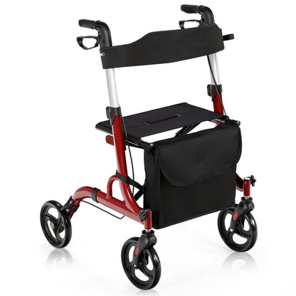 2 in 1 Walker Aluminium Mobility Walking Aid with Seat Adjustable-Red