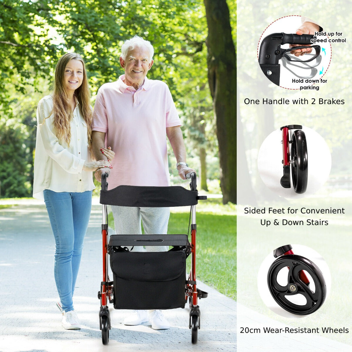 2 in 1 Walker Aluminium Mobility Walking Aid with Seat Adjustable-Red