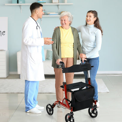 2 in 1 Walker Aluminium Mobility Walking Aid with Seat Adjustable-Red