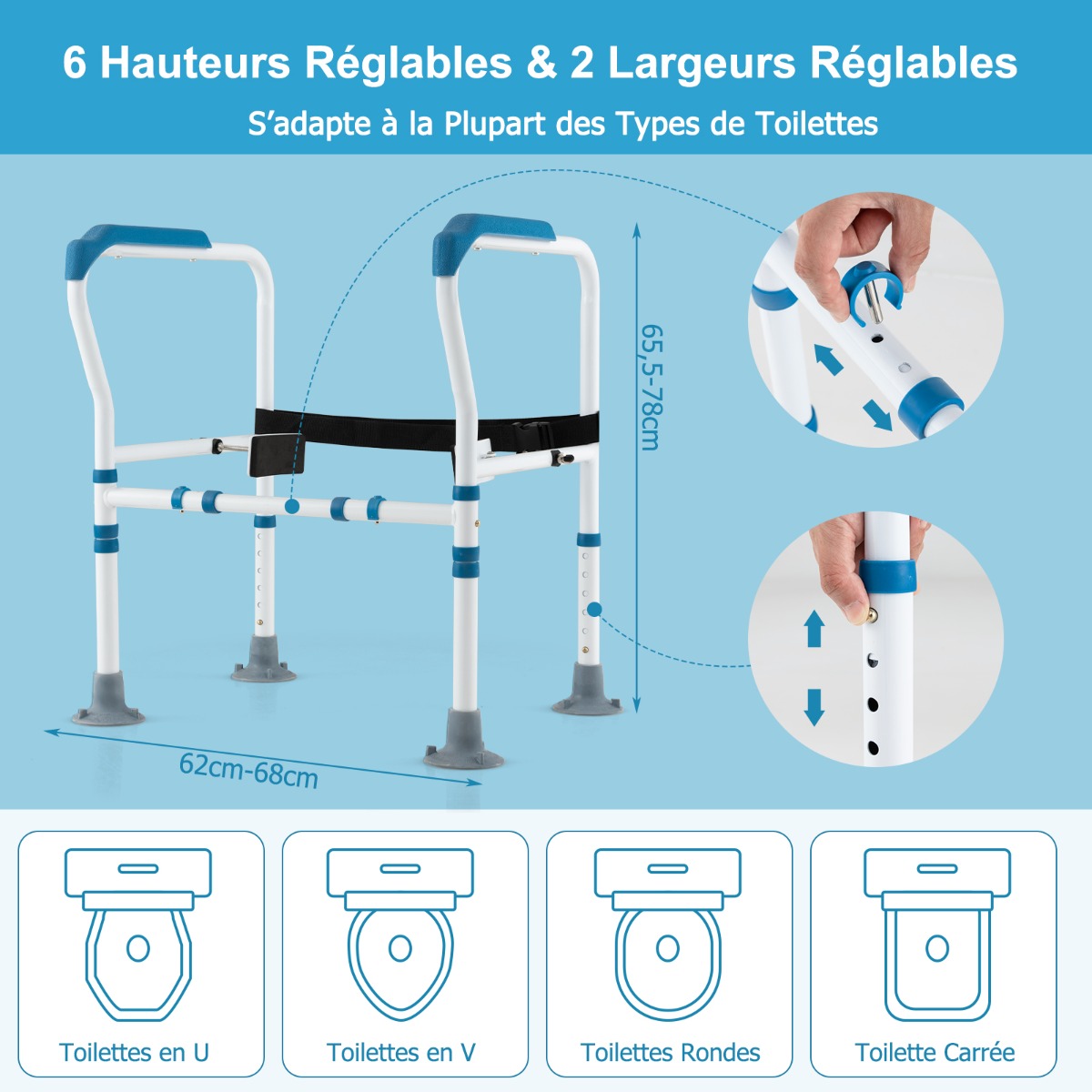 Toilet Safety Rail with Adjustable Height for Elderly-Blue