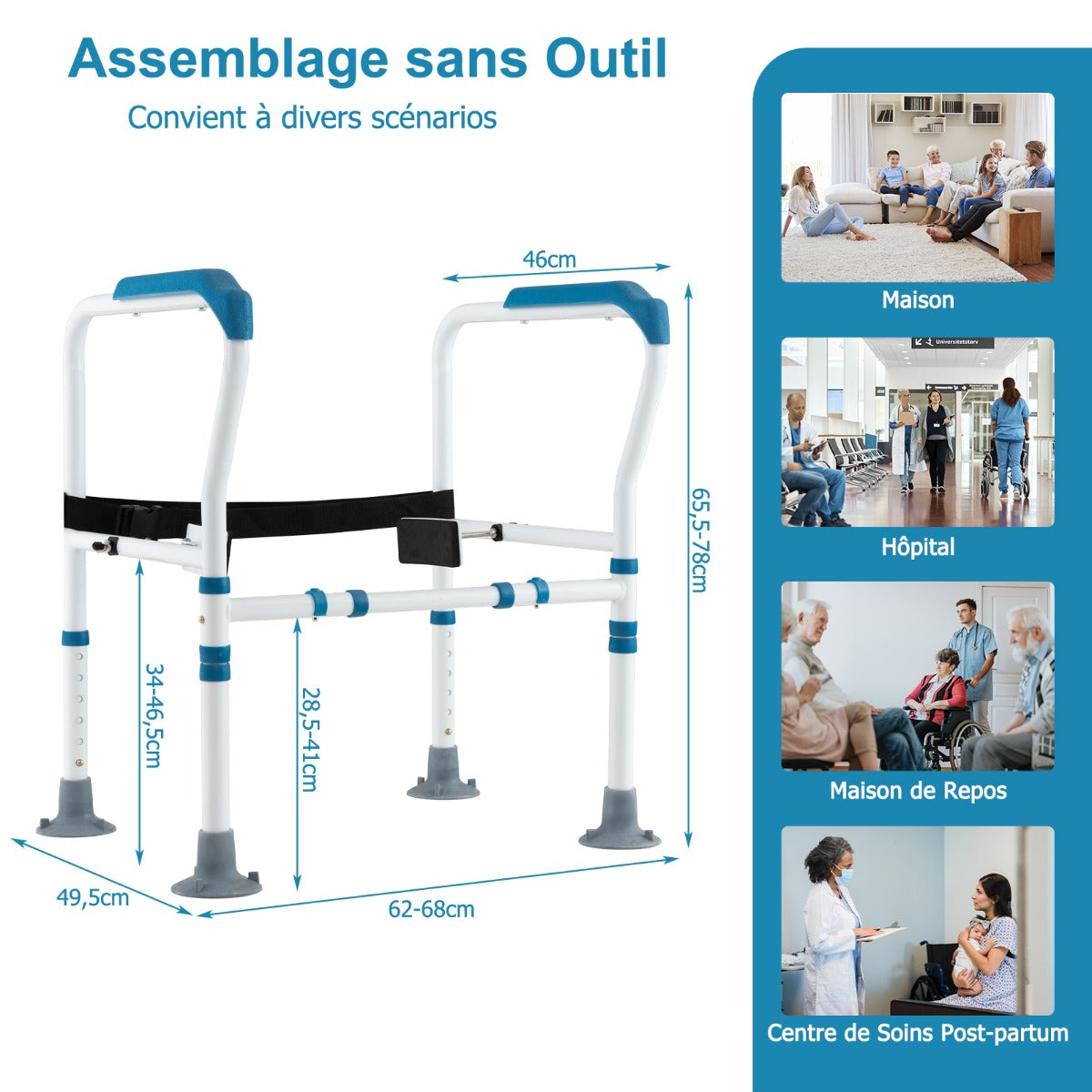 Toilet Safety Rail with Adjustable Height for Elderly-Blue