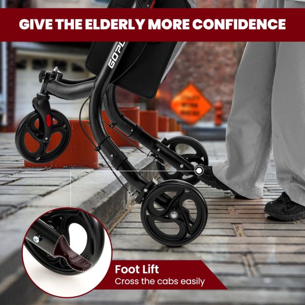 Folding Aluminum Rolling Walker with Zippered Storage Bag and Safe Dual Brake System-Black